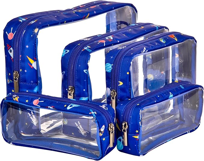 TSA Approved 5-Piece Diaper Bag Organizer Pouch Set Clear Waterproof TPU Kids Toiletry Storage Set Travel Packing Clutch Cube Bags for Baby Nursing(Astronaut)