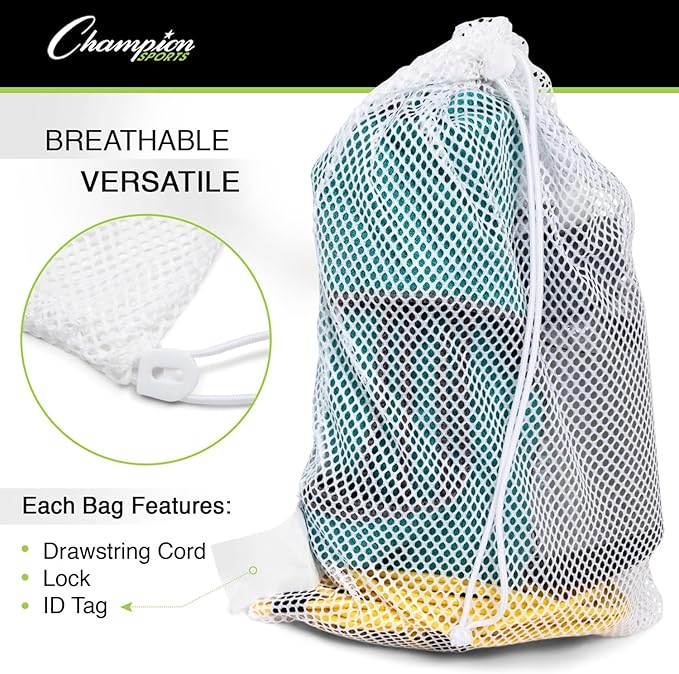 Champion Sports Mesh Equipment Bag – Heavy-Duty Nylon Drawstring Bag with Lock & ID Tag, Breathable Storage Sack for Balls, Swim Gear, Laundry & Toys, Multiple Sizes & Colors