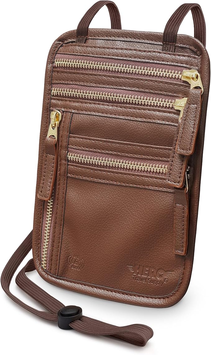HERO Neck Wallet - RFID Blocking Passport Holder, Easy to Conceal Travel Puch (Vegan Leather Brown)