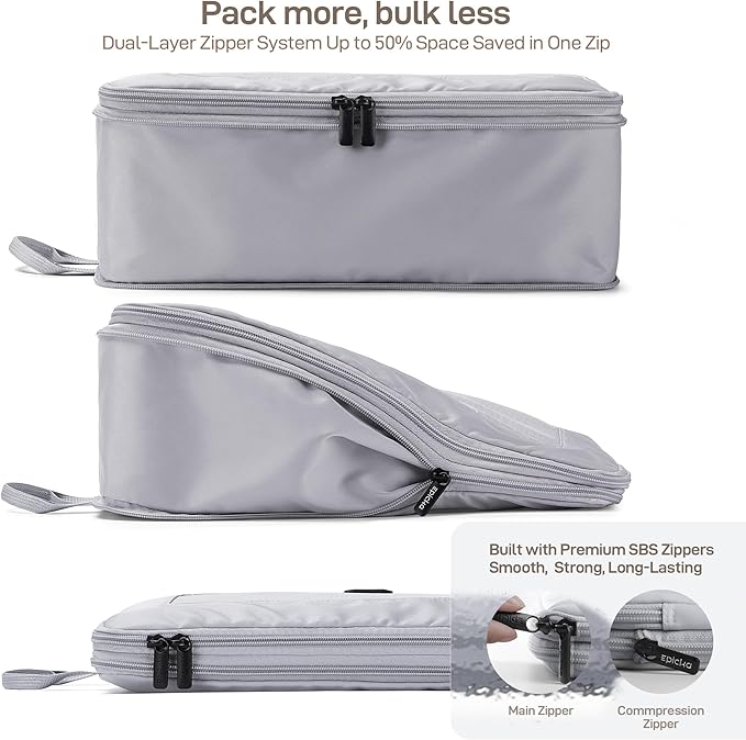 EPICKA TripCozy Compression Packing Cubes - 6 Set Durable Travel Organizer Bags with Mesh Top, Expandable Travel Accessories for Carry on, Luggage, Suitcase, Backpack (Light Grey)