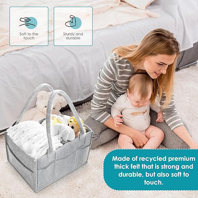 Cute Castle 2 Pack Diaper Caddy Organizer - Portable Baby Caddy Organizer with Handle, Nursery Storage Bin and Car Organizer for Girls, Boys - Baby Gift Basket - Grey, Large