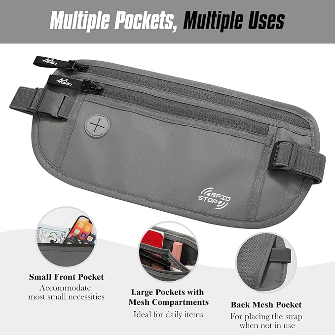 MoKo Secure Travel Money Belt, Undercover Hidden RFID Blocking Travel Wallet, Anti-Theft Passport Wallets for Men Women