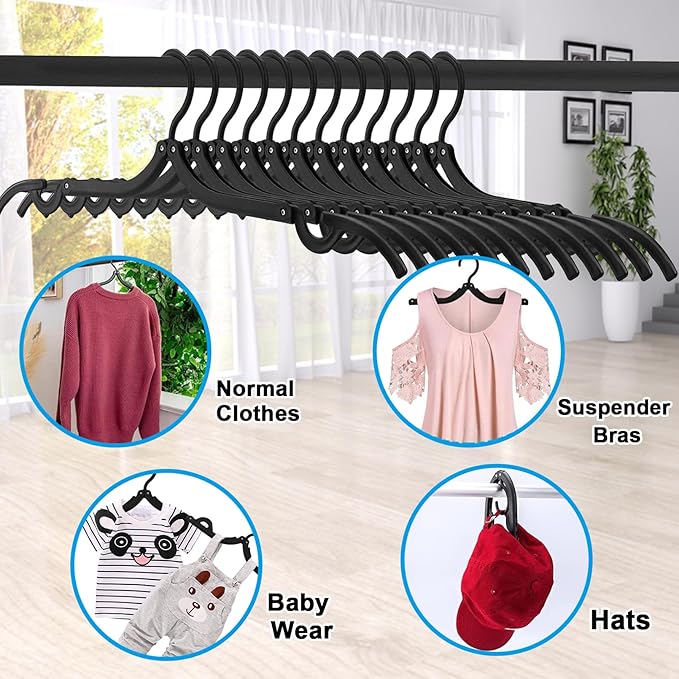 24 PCS Travel Hangers,Portable Folding Clothes Hangers Travel Accessories,Foldable Clothes Drying Rack,Clothes Hangers with Clotheslines,Black Non Slip Clothing Hangers