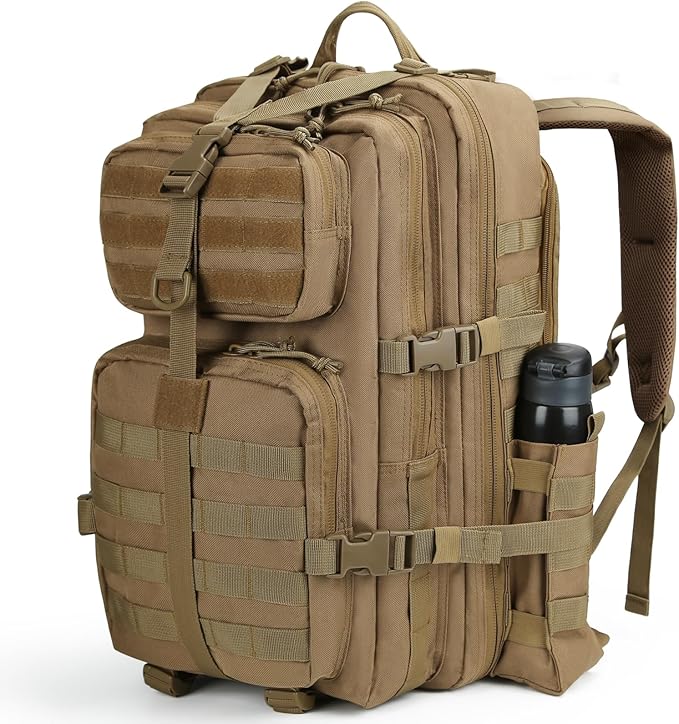 REEWBOW GEAR 40L Military Tactical Backpack For Men 3 Day Survival Heavy Duty Daypack MOLLE Bug Out Bag Hiking Rucksack (Tan with Bottle Holder)