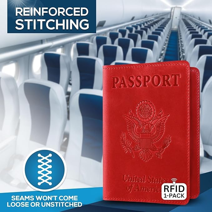 Ciana RFID Passport Holder for Travel – PU Leather Passport Cover and Card Holder for Men & Women – Slim Passport Holder with Card Protector Slot, Travel Must Haves (Red)