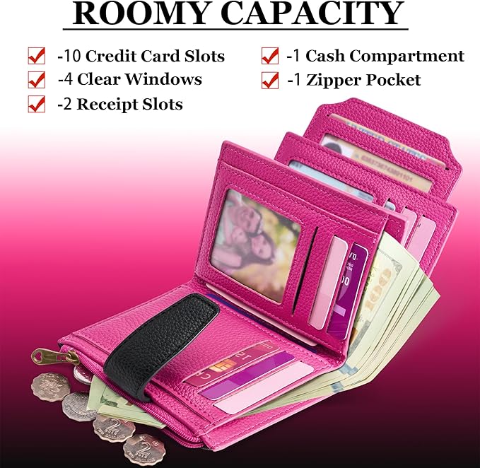 Airkit Small Wallet Women RFID Blocking Soft Leather Bifold Compact Card Holder Wallet for Women with Zipper Coin Pocket 4 ID Window