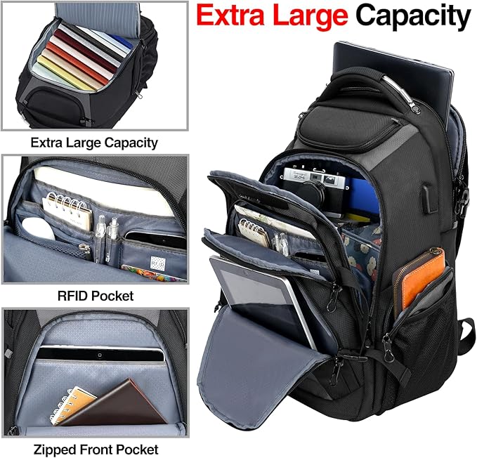 KROSER Travel Laptop Backpack 18.4 Inch XXXL Gaming Backpack with Hard Shell Saferoom RFID Pockets Water-Repellent Business College Daypack Stylish Laptop Bag for Men/Women-Black Grey