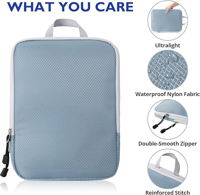 Compression Packing Cubes, 8 Set Packing Cubes for Travel Compression, Lightweight Compressible Package Organizer for Carry On and Suitcases, Lake Blue and Grey