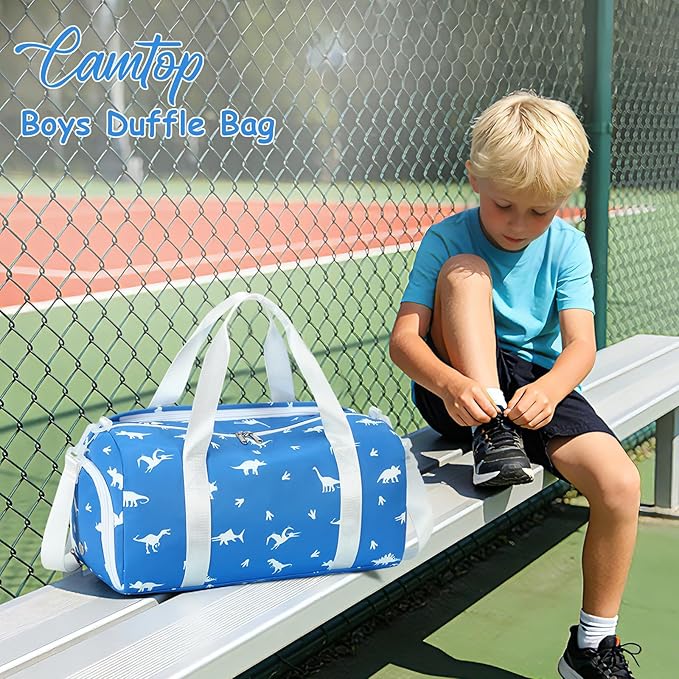 CAMTOP Kids Duffel Overnight Bag Boys Girls Toddler Weekender Carry-On Personalized Tote for Travel Gym Sport (A-Blue White Dinosaur)