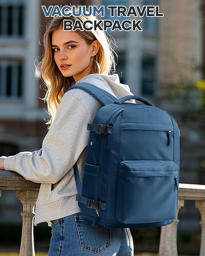Vacuum Travel Backpack with Pump for Women,Personal Item Carry on Backpacks Flight Approved 18x14x8 inches for Men,Laptop Waterproof Work Compression bags Casual Daypack. Blue.