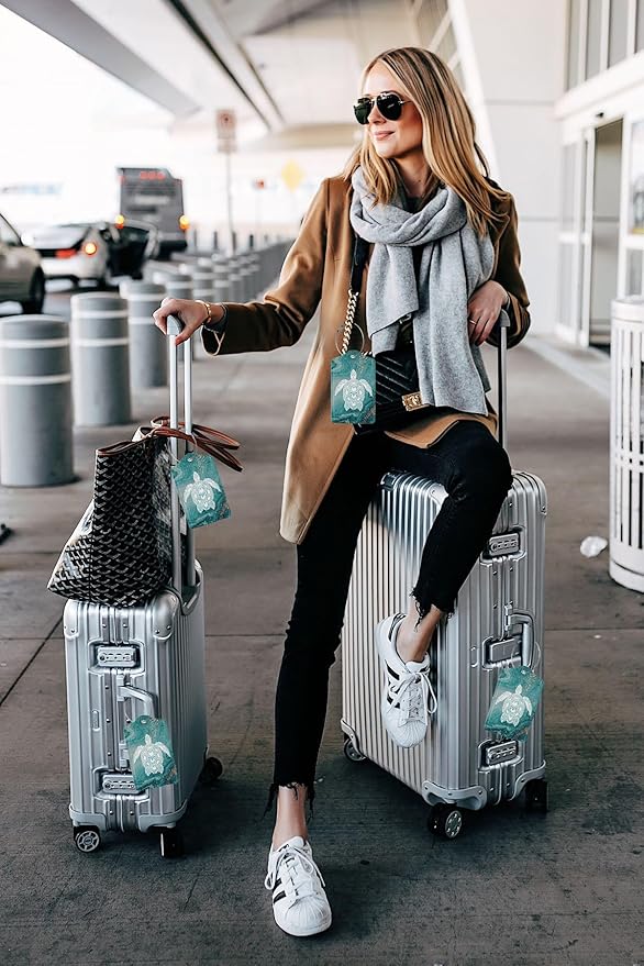 2 Pack Luggage Tag Green sea Turtle Travel PU Cute Leather Luggage Tag Name ID Labels with Privacy Cover Suitcases Women Men Girls Boys Fun Laggage Tags (Green sea Turtle)
