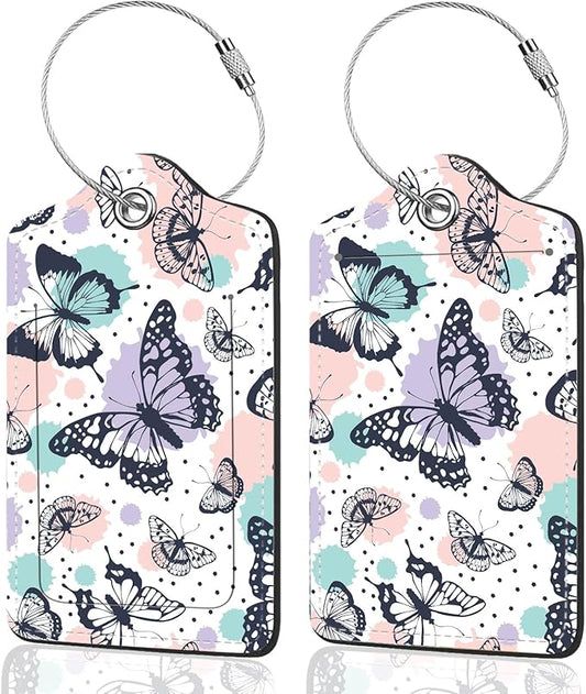 2Pack Luggage Tags for Suitcases, Cute Unique Pu Leather Cruise Luggage Tag with Privacy Cover ID Label Address Card and Metal Ring Suitable for Women Men Kids Travel Bag Colorful Butterfly 1