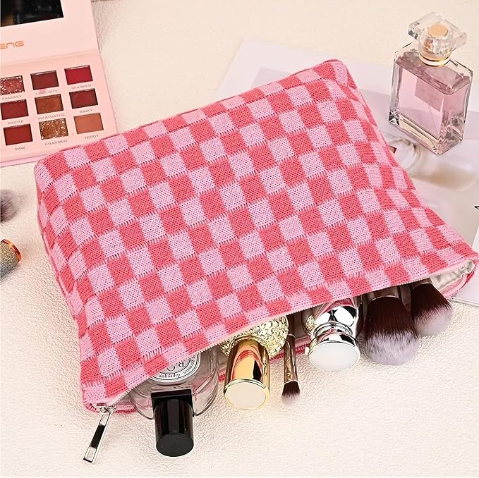 Cosmetic Bags for Women - Corduroy Cosmetic Bag Aesthetic Women Handbags Purses Smile Dots Makeup Organizer Storage Makeup Bag Girls Case Bags (Q-Checkered Khaki)