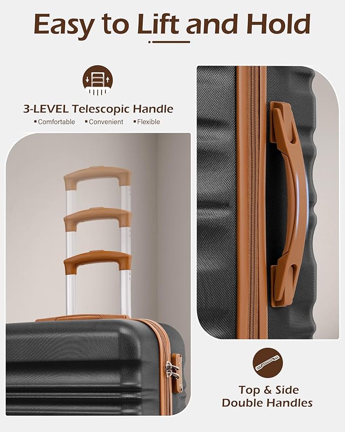 LONG VACATION Carry On Luggage Sets 3 Piece 20 Inch Suitcase Set, ABS+PC Hardshell Lightweight Travel Luggage with Spinner Wheels & YKK Zipper TSA Lock (BLACK-BROWN, 20 Inch)