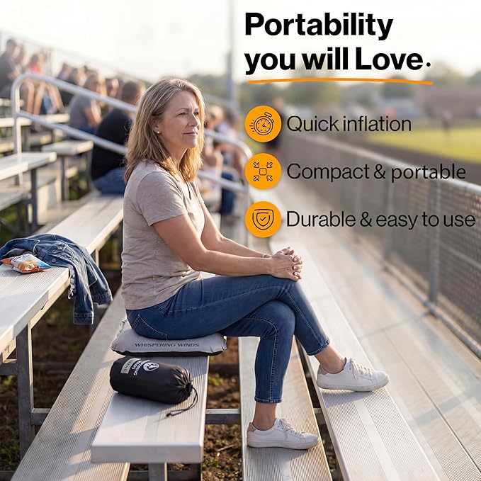 Whispering Winds Inflatable Seat Cushion - Comfortable Blow-up Foam Pad for Airplane, Travel, Stadium, Outdoors, Camping, Car & More