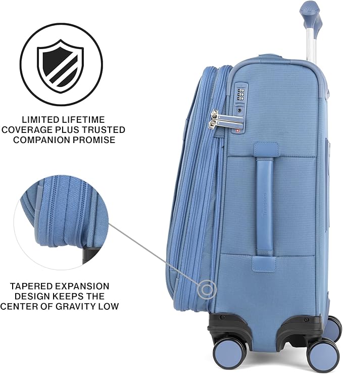 Travelpro VersaPack+ Lightweight Softside Expandable Carry on Luggage, 8 Spinner Suitcase, TSA Lock, Men and Women, Carry On 21-Inch, Elemental Blue