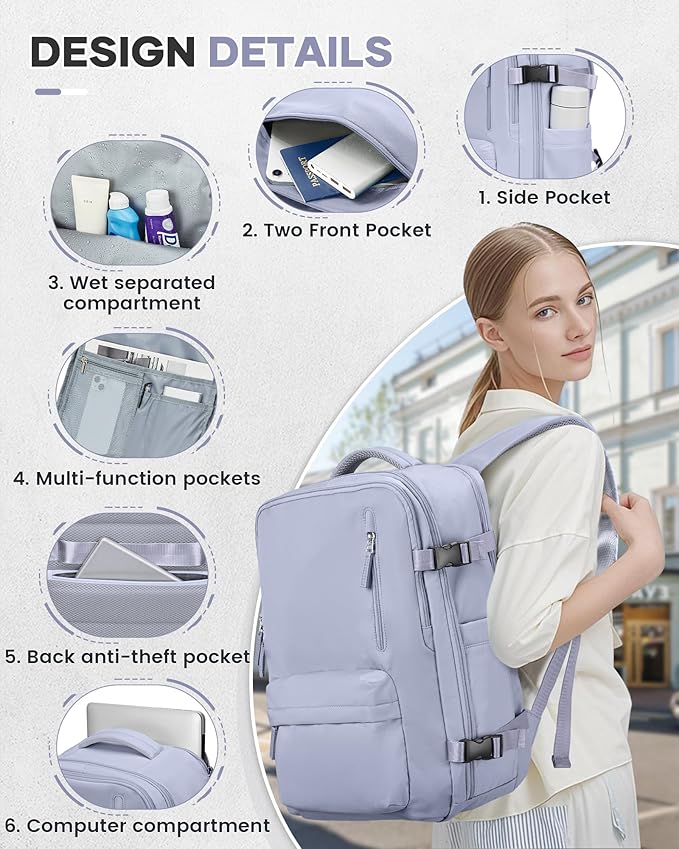 VECAVE Vacuum Travel Backpack with Pump for Women,Airback Personal Item Carry on Backpacks Flight Approved 18x14x8 inches for Men,Laptop Waterproof Work Compression bags Casual Daypack(Purple)