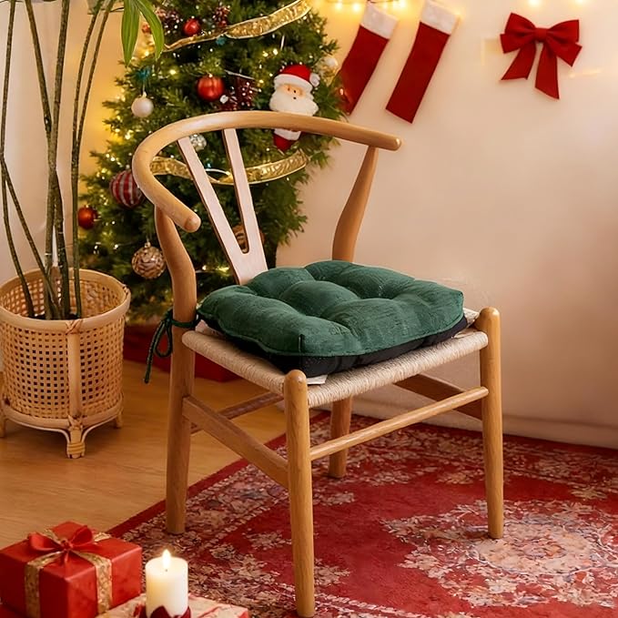 Chair Cushions for Dining Chairs Set of 4, Kitchen Chair Cushions, Chair Pads with Ties Non Slip Backing, Christmas Room Decor, Tufted Memory Foam Seat Cushion 4 Pack, 18"x18"x4", Dark Green