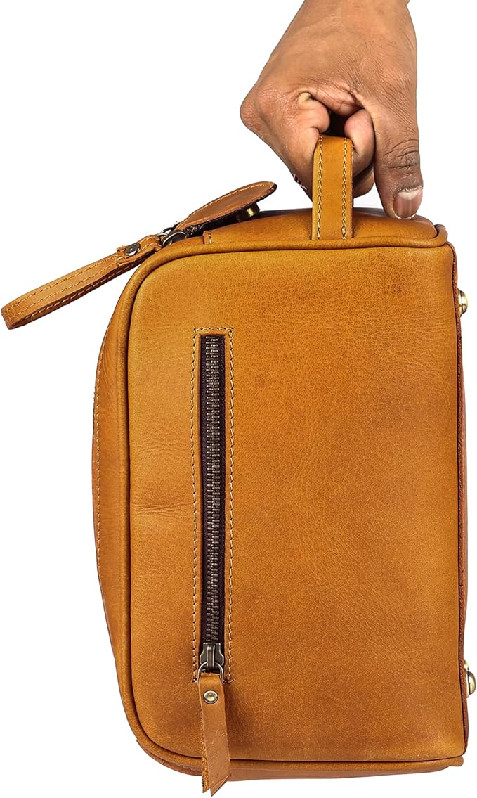 KomalC Travel Toiletry Bag – Premium Leather Dopp Kit for Men & Women with Water-Resistant Lining & Spacious Zippered Organizer