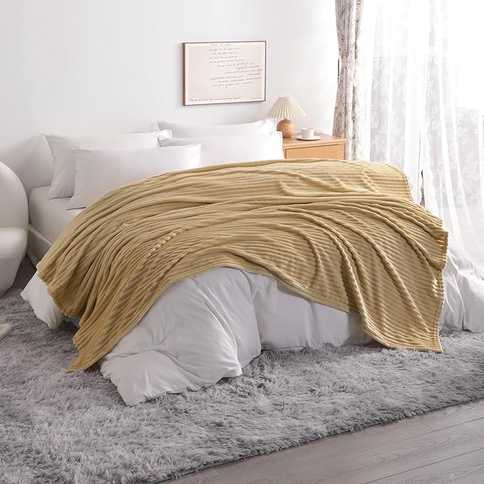 NTBAY Plush Flannel Twin Bed Blanket, 60X80 Inches Soft and Warm Lightweight Blanket with Striped Texture Bed Blanket for Couch Sofa Bed All Seasons, 60"x80", Khaki