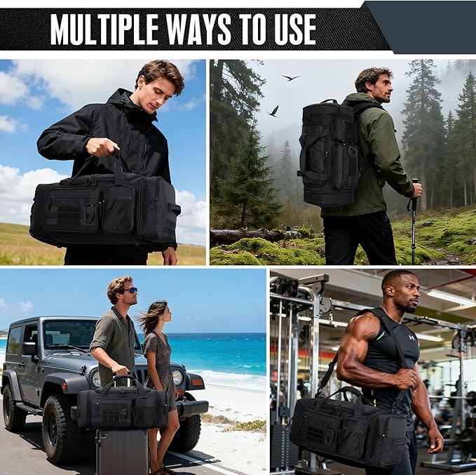 3 in 1 Tactical Gym Bag Backpack for Men 40-45L Expandable Travel Duffle Bag for Women Large Military Sport Duffel Bags Weekend Overnight with Shoe Compartment & Wet Pocket for Fitness, Black