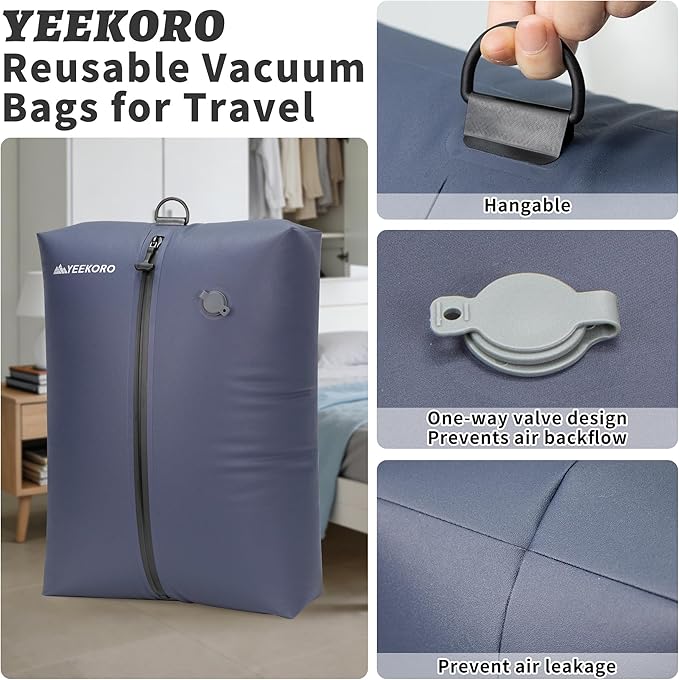 Vacuum Bag for Travel, Professional IPX8 Waterproof Reusable Vacuum Compression Bags for Travel Suitcases, Durable Space Saver Bag(2 PACK Navy Blue,With Pump)