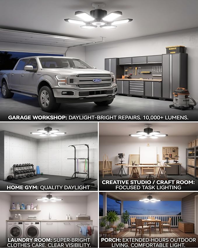 LED Garage Lights, 100W 10000LM Super Bright Light Bulb, 40000LM Total Garage Ceiling Lights for Large Workshop Barn Warehouse, 6 Deformable Panels LED Shop Lights, E26/E27 Screw in- 4 Pack