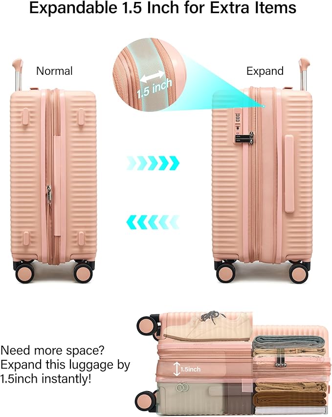 MILADA Expandable Carry On Luggage 20 Inch - Airline Approved Hardshell Suitcase with 8 Spinner Wheels, TSA Lock, Water-Resistant PC Shell, Lightweight & Durable for Travel, Pink