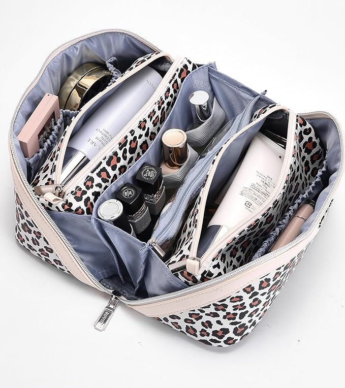 BOYATU Travel Makeup Bags Cosmetic Organizer Bag: 3 Pcs Set Large Capacity Make up Bag with Compartments - Waterproof Leather Toiletry Bags with Handle for Women (B-White)