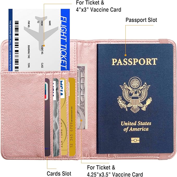 Passport Holder for Travel Passport Cover for Men Passport Wallet Case with Metal Badge Protector Leather Card Case RFID Blocking Women Travel Accessories Document Organizer (Rose Gold)