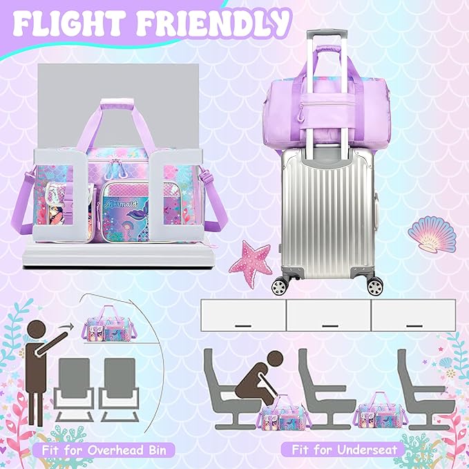 Kids Duffle Bag for Girls Dance Bag for Kids Mermaid Ballet Bags for Girls 6-8 Gymnastics Sports Overnight Bags with Shoes Compartment