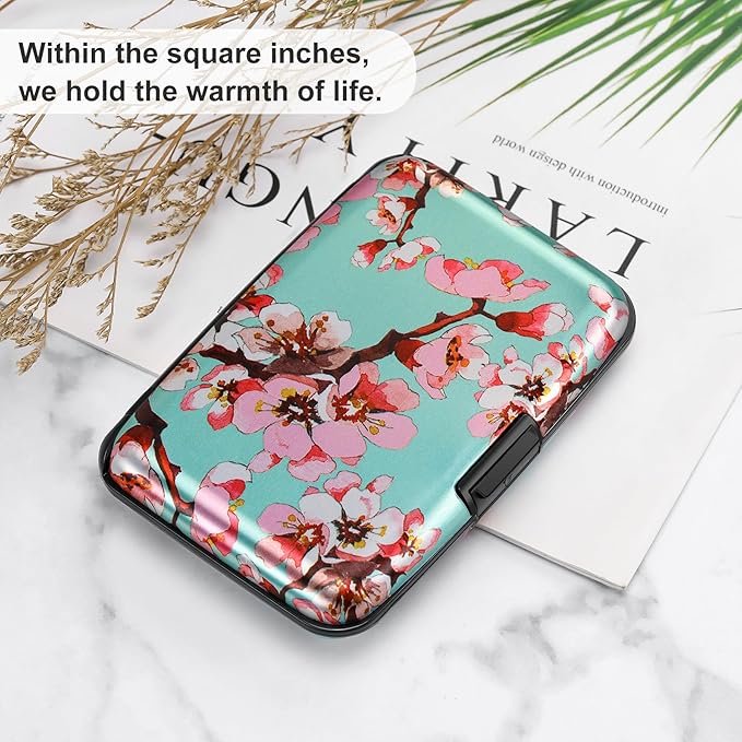 ELFISH Mini RFID Aluminum Wallet Credit Cards Holder Business Card Case Metal ID Case for Men Women（Pink Peach Blossom