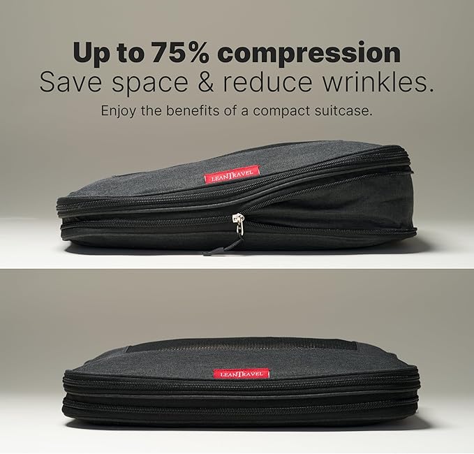 LeanTravel Premium Compression Packing Cubes for Travel - Suitcase Organizer Bags with Double Zipper & Breathable Mesh Panel - Space Saving Carry On Luggage Essentials (4-Pack, Black)