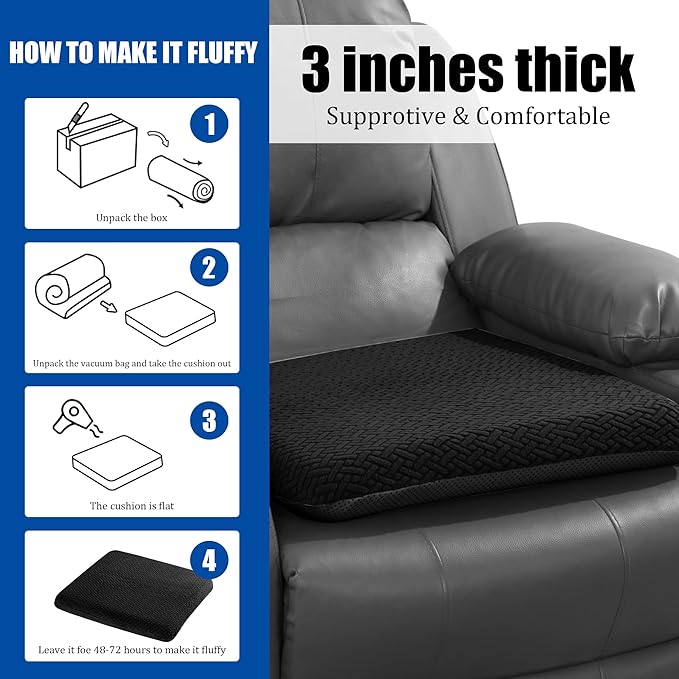 HOMBYS Tufted Furry Recliner Seat Cushion for Elderly Foam Curved Edge Large Square Seat Cushion for Recliner Chair, Floor Pillow, Office Chair, Car, No Pressure on Thighs(Black)