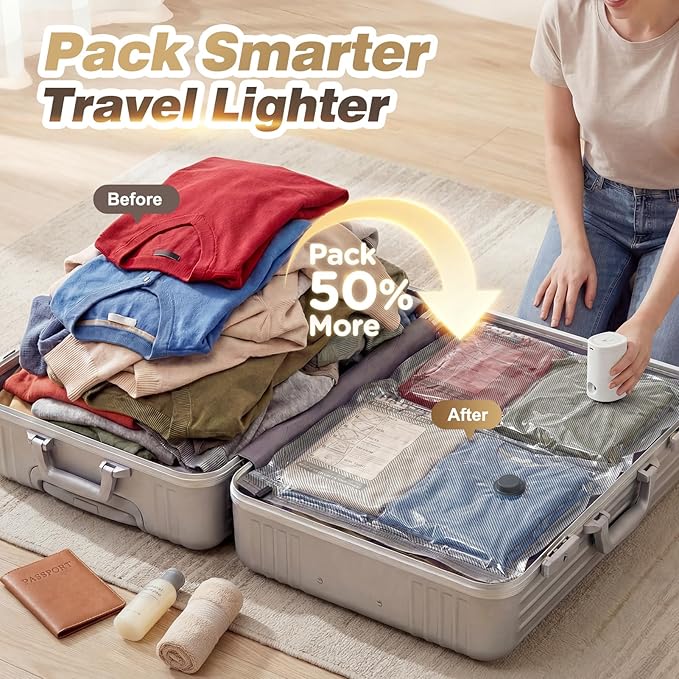 Vacuum Seal Bags for Clothing Travel with Rechargeable Electric Pump, Space Saver Vacuum Storage Bags Travel, Reusable Compression Bags for Luggage Home (14pcs Stripes)