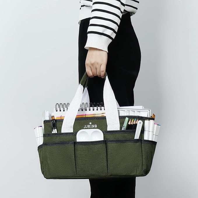 JJRING Craft Organizer Tote Bag, Art Storage Caddy with Multiple Pockets, Sap Green Sewing Bag for Art, Craft, Scrapbooking, Medical, and Office Supplies Storage