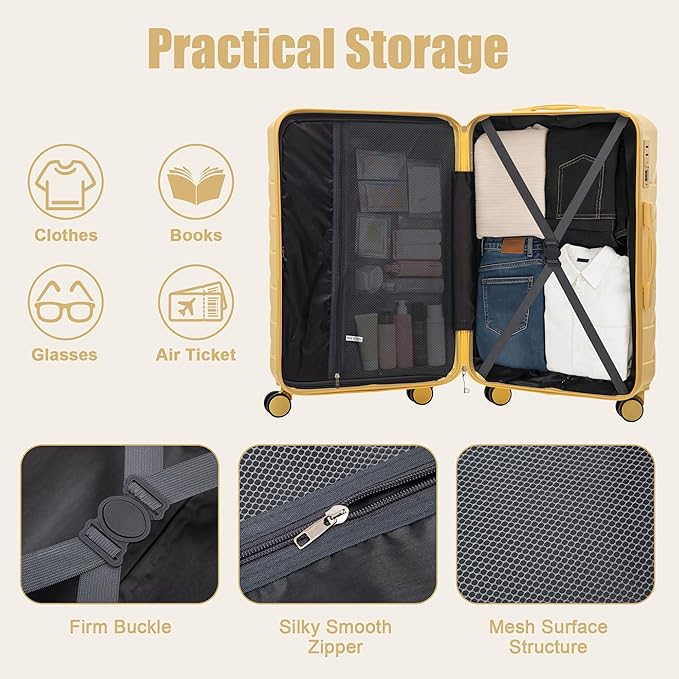 28 Inch Checked-Large Luggage, Lightweight ABS Hard Shell Suitcase with Spinner Wheels, Expandable Travel Luggage with Combination Lock & Side Hooks for Men Women (Yellow, 28)