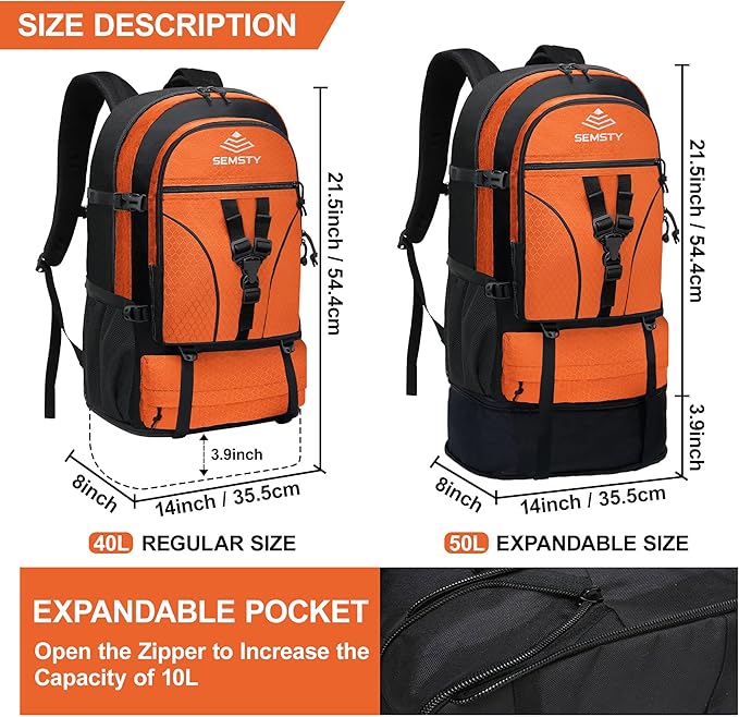 40L/50L Expandable Hiking Backpack for Men and Women, Travel Camping Backpack Flight Approved