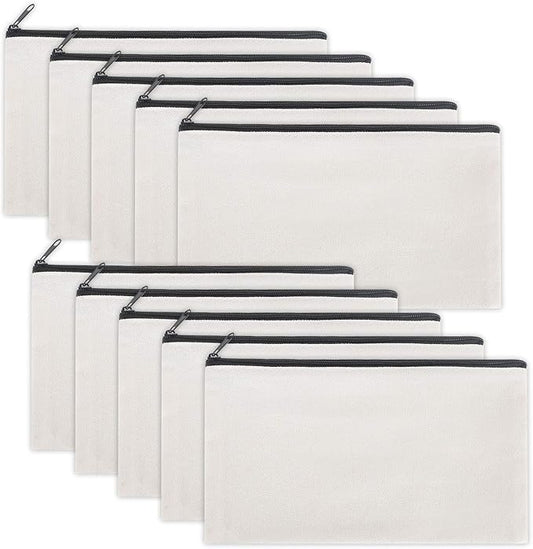 12 Pieces White Cotton Canvas Makeup Bag, Multipurpose Cosmetic Bag with Zipper Travel Toiletry Pouch, Blank DIY Craft Bag (White, S)