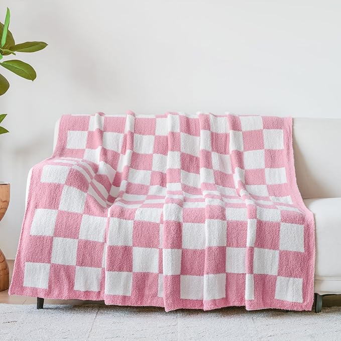 Checkered Blanket, Cozy Soft Throw Blankets for Couch Bed, Fluffy Plaid Lightweight Comfy Travel Picnic Blanket Gifts for Sofa Chair Living Room Camping (Checkered Pink, Twin 60"x80")