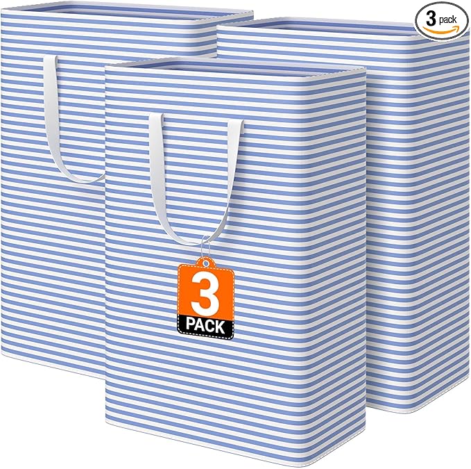 3 Pack Large Laundry Basket,Waterproof & Freestanding Laundry Hamper,Collapsible Clothes Hampers with Easy Carry Long & Reinforced Handles in Bathroom,College Dorm(125Lx3,Blue)