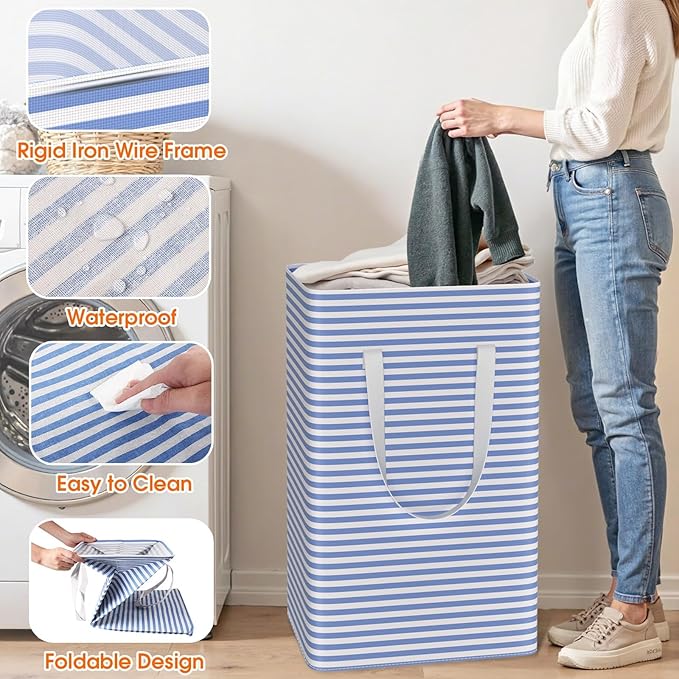 3 Pack Large Laundry Basket,Waterproof & Freestanding Laundry Hamper,Collapsible Clothes Hampers with Easy Carry Long & Reinforced Handles in Bathroom,College Dorm(125Lx3,Blue)