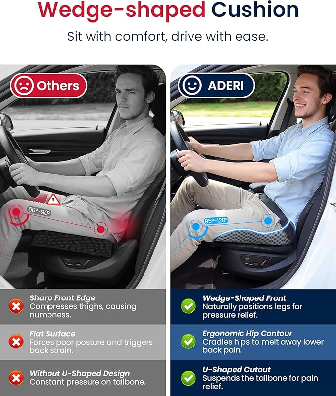 Gel Wedge Car Seat Cushion for Driving Relieves Tailbone Pain, Composite Gel Memory Foam for Cool & Support Comfort, Ergonomic Car Seat Pillow, Elevated Back for Wider Vision, Anti-Slip Design