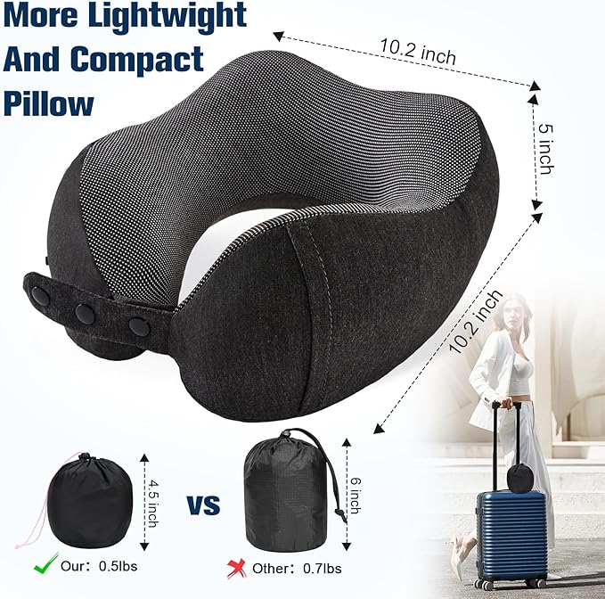 Neck Pillow for Traveling, Travel Pillows for Airplanes,100% Pure Memory Foam Travel Neck Pillow, Adjustable Flight Pillow, Portable Plane Accessories with Eye Mask, Earplugs, Carry Bag