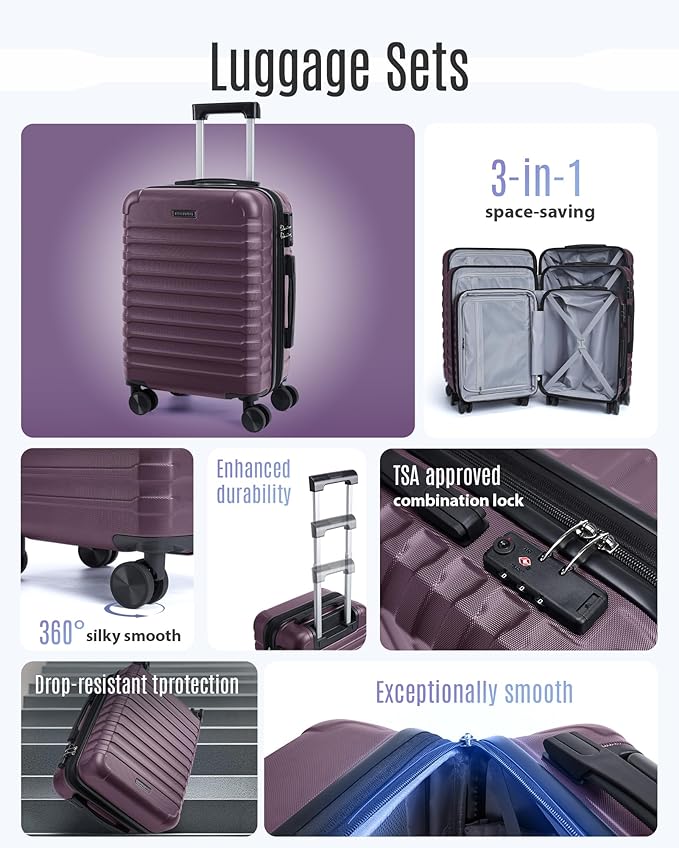 LIGHT FLIGHT Luggage Sets, 3 Piece Durable Suitcase Set with Spinner Wheels, 3 Pcs Hard Shell Lightweight Luggage with TSA Lock, Large Checked Travel Suitcases, 20/24/28 Inch,Purple