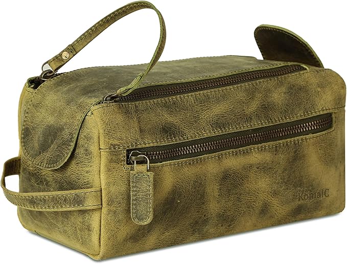 KomalC Premium Buffalo Leather Toiletry Bag for Men & Women With Water resistant Lining, Grooming Travel Pouch, Unisex Wash Bag for Toiletries, Gifts for Men and Women
