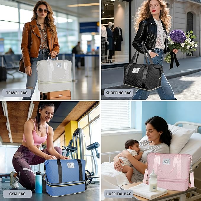 Geestock Travel Duffel Bag, Weekender Bags for Women, Carry on Overnight Bag with Shoe Compartment & Trolley Sleeve, Personal Item Travel Bags with Storage Pouch for Travel, Yoga, Gym, Hospital, Black