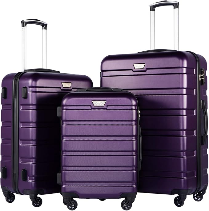 Coolife Luggage 3 Piece Set, Lightweight Durable Hardshell Suitcase set with 360° Spinner Wheels, TSA-approved Lock, Checked Family Travel Luggage sets, 20/24/28 Inch, Purple