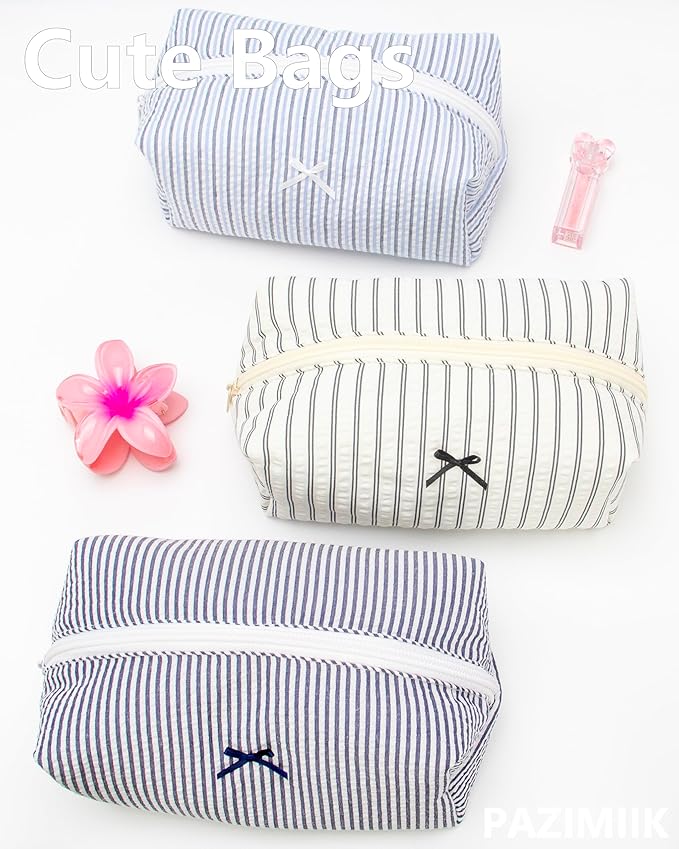 PAZIMIIK Cozy Makeup Bag Small Aesthetic Travel Zipper Cosmetic Pouch for Women Make Up Beauty Accessories Brushes, Stripe Black