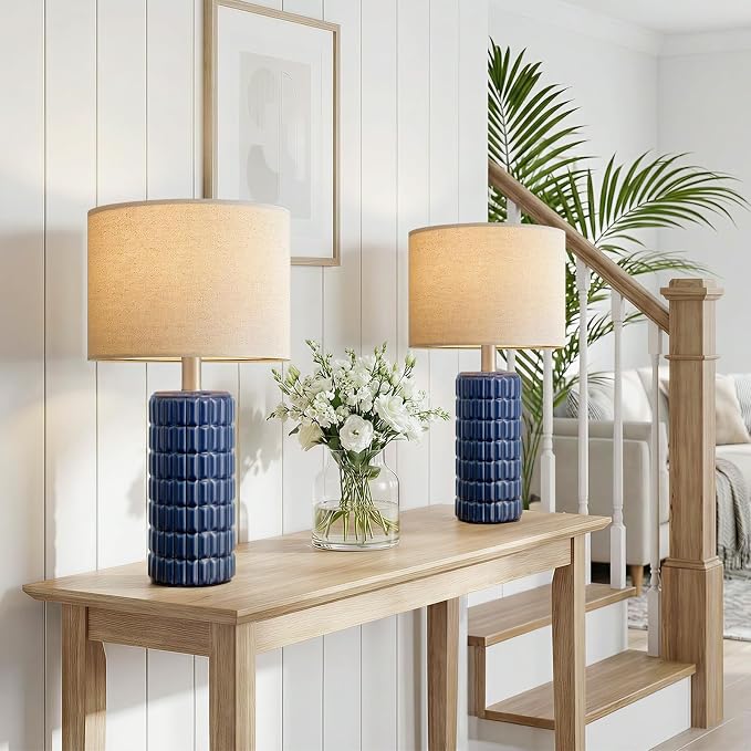 Seealle 23" Modern Ceramic Table Lamps Set of 2, Lamps for Bedroom, Blue | Lamps for Living Room, Bedroom, Bedside, Night Stands, End Table, Desk, Farmhouse Home Decor